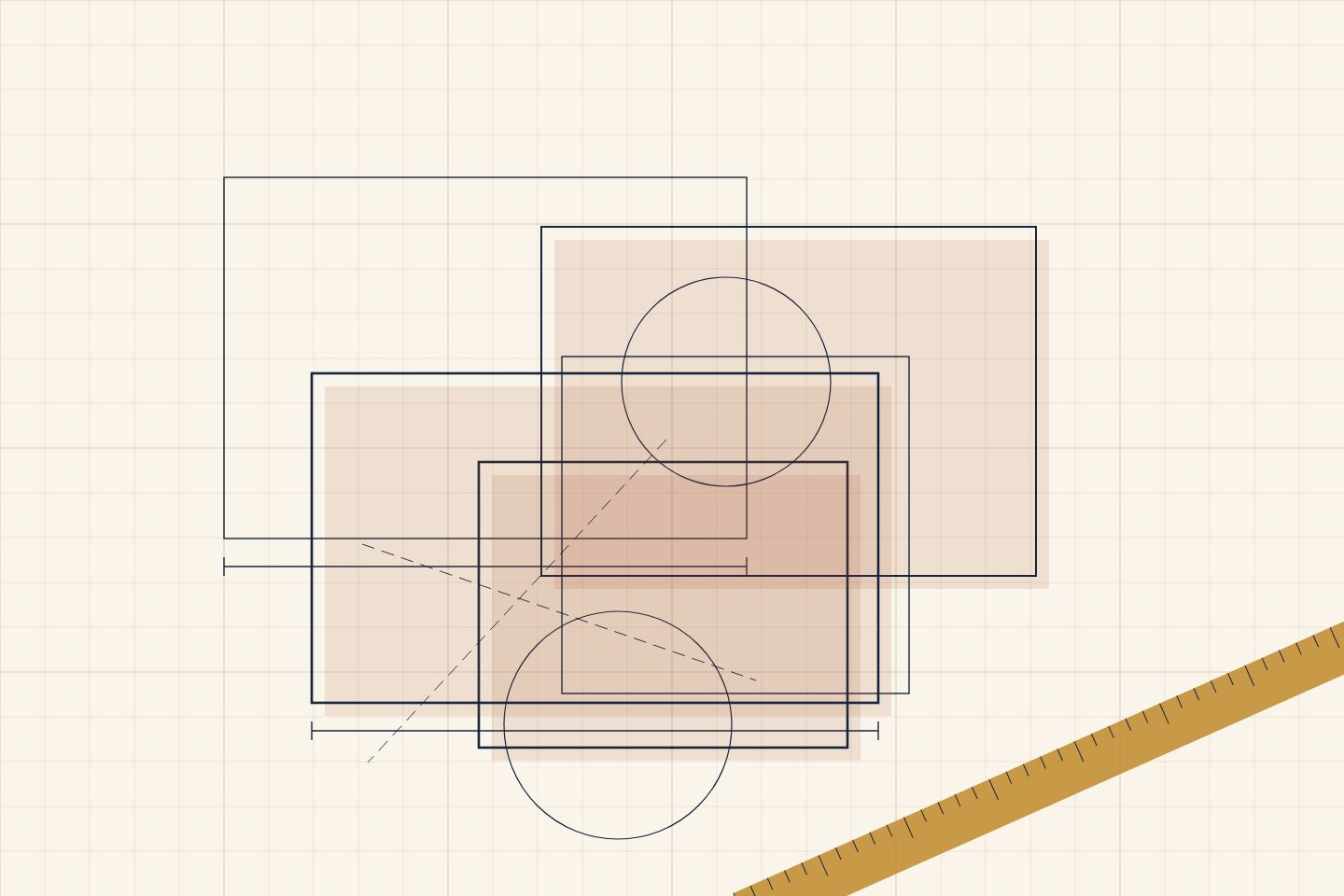 An architectural blueprint fragment in navy ink on warm cream paper with a brass straight edge across one corner
