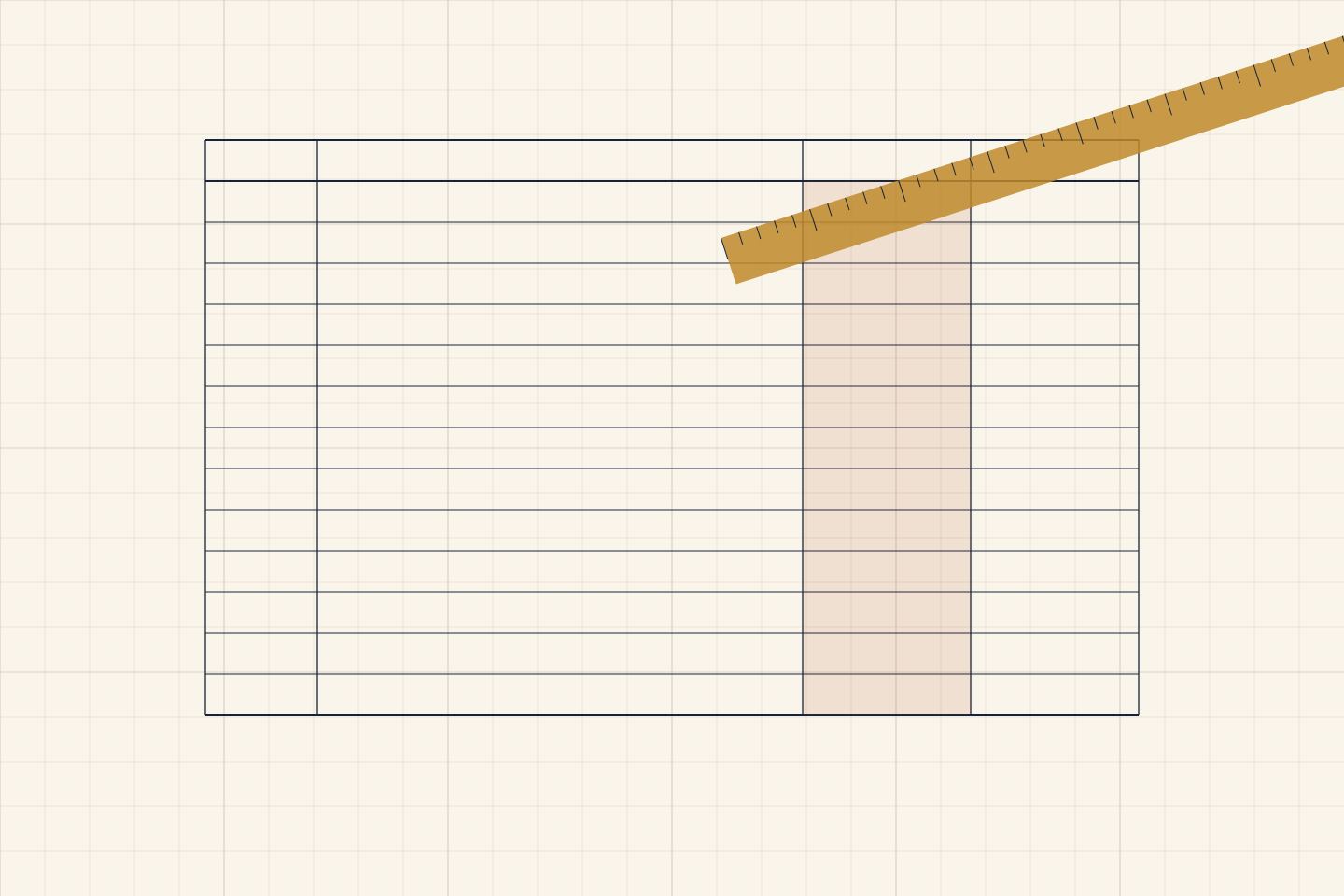 A hand-ruled ledger grid in navy ink on cream paper